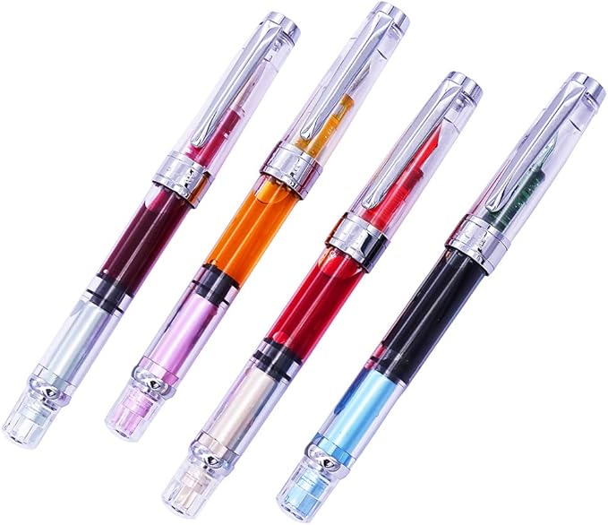 Lanxivi 4 x Yongsheng 3008 Fountain Pen Upgrated Fine Nib,Silver Trim,Piston Filling, Transparent-DeskLoop Office