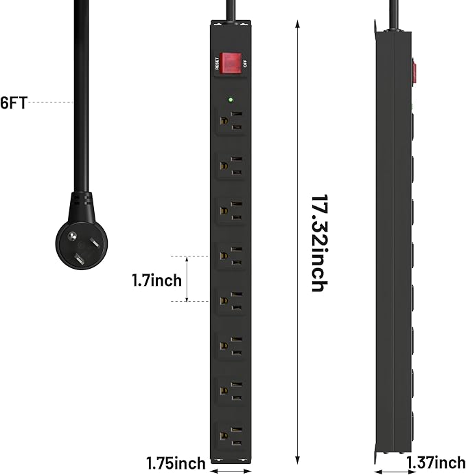KF 8 Outlet Heavy Duty Power Strip Surge Protector, 2100J Surge Protection Metal Power Strip, 15A/1875W Mountable Power Strips with Upgraded Switch, 14AWG 6FT Extension Cord, Black-DeskLoop Office