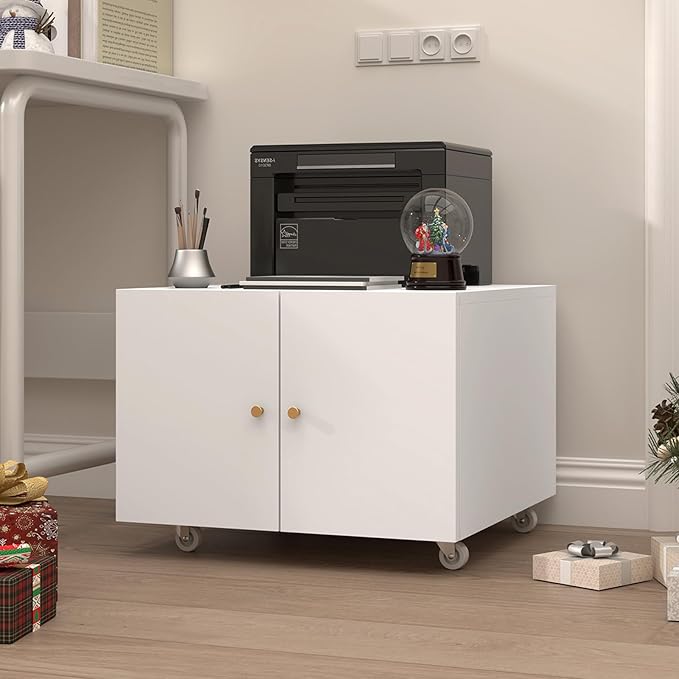Under Desk Printer Stand with Wheels, Low Printer Stand Storage, Filing Cabinet with Paper Storage Shelf, File Carts with 2 Doors, Mobile Printer Holder for Home Office, School, White-DeskLoop Office