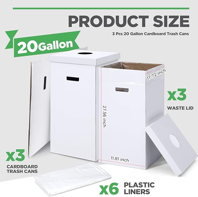 3 Pcs Cardboard Trash Cans with Lid Disposable and Reusable Corrugated Cardboard Trash Cans Recycling Bins Bulk with Garbage Bags White Rubbish Boxes for Parties Events (20 Gallon)-DeskLoop Office