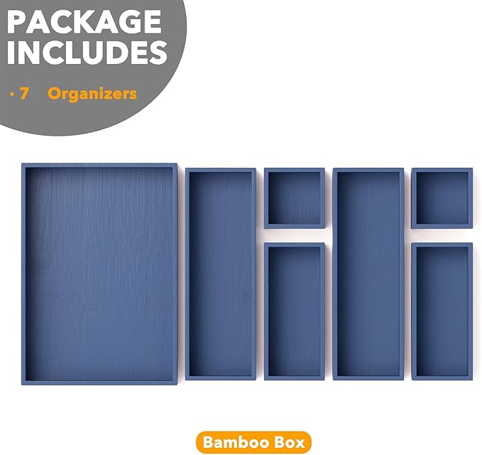 SpaceAid 7-Piece Bamboo Drawer Organizer Storage Boxes Set, Wood Tray Junk Drawer Organizers Multi-Use Divider Bins for Kitchen, Bathroom, Office Desk and Makeup Organization (7 Pack, Navy Blue)-DeskLoop Office