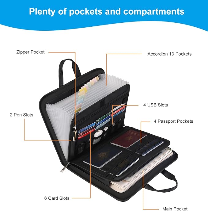 Accordion File Organizer with Lock, Fireproof, Letter/A4-Size Expanding File Folder with Tabs, 13 Pockets Important Document Organizer with Handle, Portable Paperwork Business Organizer, Silver-DeskLoop Office