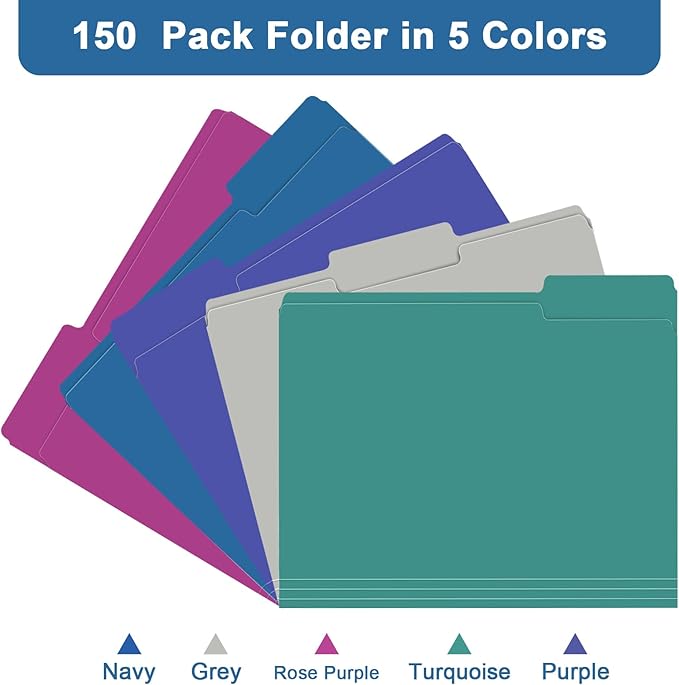 File Folder, RAZCC 150 Pack 1/3 Cut Tab File Folders Letter Size, Colored File Folders for Office Classroom Use, Colored Folders with Tabs, Assorted 5 Colors-DeskLoop Office