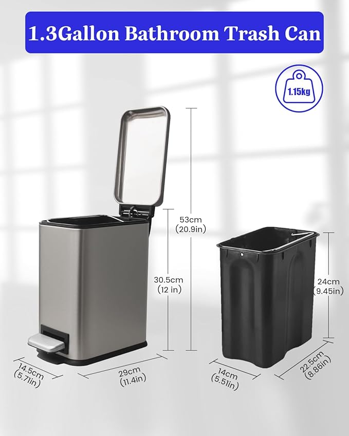 Bathroom Trash Can with Lid,5 Liter / 1.3 Gallon Small Trash Can with Removable Liner, Soft Close lid & Step Pedal, Stainless Steel Trash Bin for Bathroom,Bedroom,Home Office, Kohler Grey