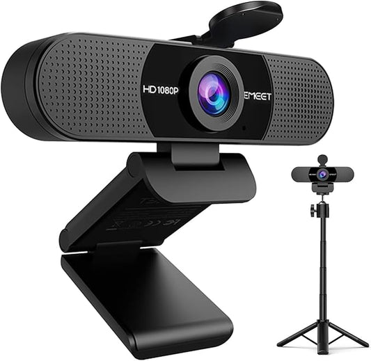 EMEET C960 Webcam with Tripod, 1080P Webcam with Microphone, Adjustable Height Mini Tripod, C960 Web Camera with Privacy Cover, Plug & Play with Stand for Zoom/Skype/YouTube/FaceTime-DeskLoop Office