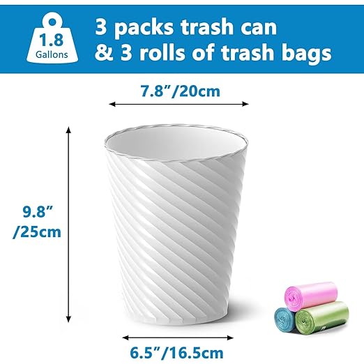 Bathroom Trash Can, 3 Pack 1.8 Gallons Small Trash Can with Trash Bags, Bathroom Garbage Can, Plastic Trash Bin, Round Waste Basket for Living Room, Bedroom, Office, Kitchen, Compact Space (White)-DeskLoop Office