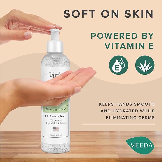 Veeda Scented Hand Sanitizer with Lemon Zest Scent - Moisturizing Clear Gel with Vitamin E & Antimicrobial Formula- Contains 70% Ethyl Alcohol - Hand Sanitizer Travel Size, Made in USA (3 x 8 fl. oz)-DeskLoop Office
