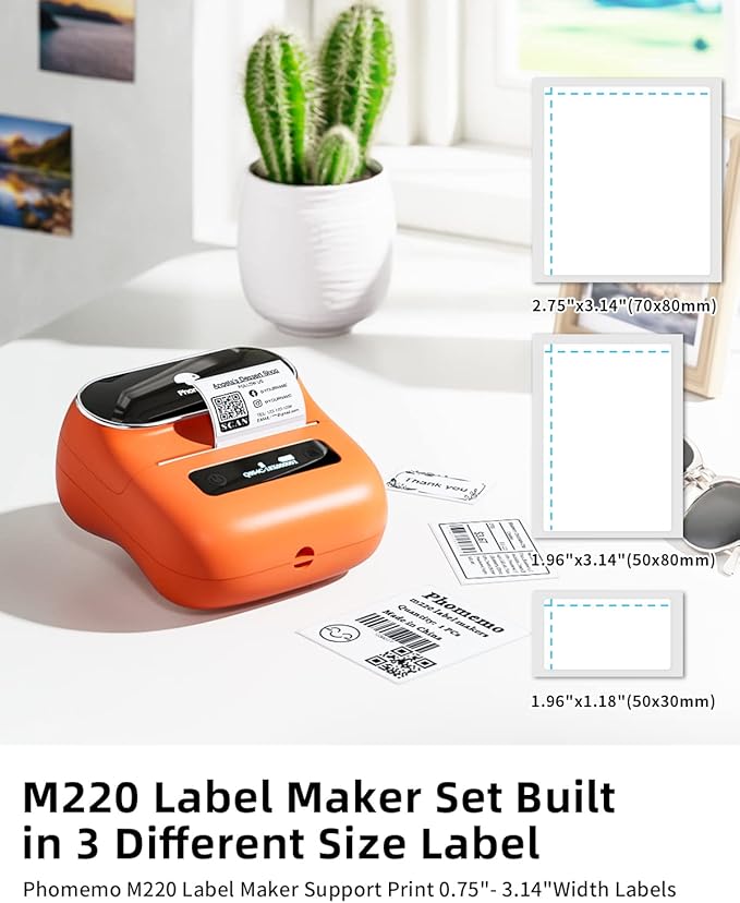 Phomemo M220 Label Maker, New Flagship Barcode Printer, 3.14 '' Bluetooth Thermal Label Printer, for Address, Mailing, Files,Small Printer Compatible with Android, iOS,with 3 Label, 80mm-DeskLoop Office