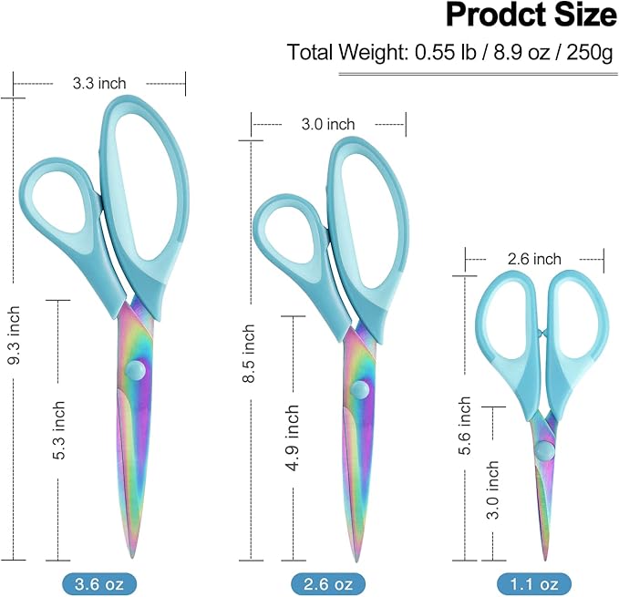 Scissors All Purpose, Sharp Titanium Blades Shears, Rubber Comfort Grip Handle, Multipurpose scissors 3 pack, Great for Office, Fabric, Craft, Sewing, Arts, School and Home Supplies, Blue-DeskLoop Office