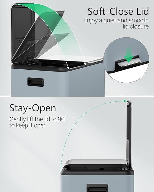 TLSUNNY Kitchen Dual Trash Can, 60L Hands-Free Stainless Steel Garbage Can, Classified Rubbish Bin with Double Compartments, Soft-Close Lid, Inner Bucket, Odor Control (60L) (Haze Blue)-DeskLoop Office