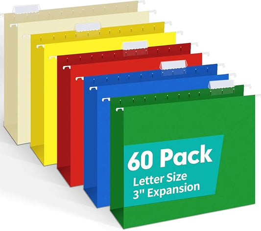 HERKKA Extra Capacity Hanging File Folders, 60 Pack Reinforced Letter Size Hanging Folders with Heavy Duty 3 Inch Expansion, Designed for Bulky Files, Medical Charts, Adjustable Tabs, Assorted Colors-DeskLoop Office