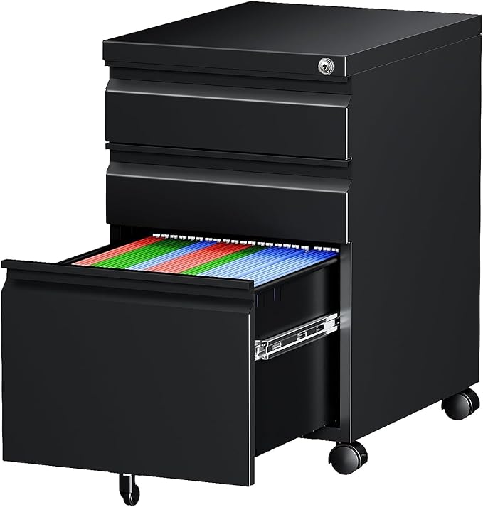 Letaya 3 Drawer Mobile File Cabinet with Lock, Under Desk Metal Rolling Filing Cabinets for Home Office Organizer Letters/Legal/A4 (Black- Requires Installation) (Black)-DeskLoop Office