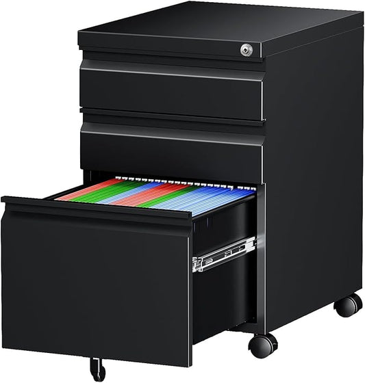 Letaya 3 Drawer Mobile File Cabinet with Lock, Under Desk Metal Rolling Filing Cabinets for Home Office Organizer Letters/Legal/A4 (Black- Requires Installation) (Black)-DeskLoop Office