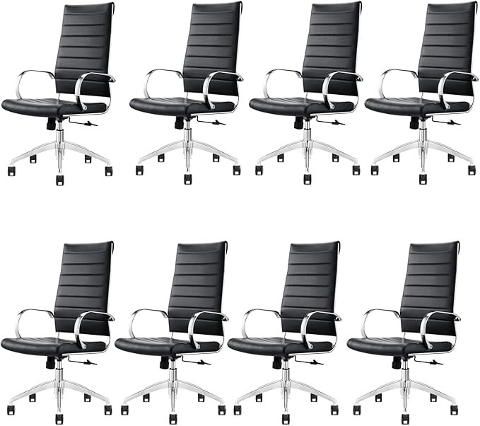 Ribbed High Back Conference Room Chairs - Lumbar Support, Modern Style Executive Chair for Home and Office - 360 Swivel Rolling Wheels - Aluminum Chrome Frame & Base - Black (Pack of 8)-DeskLoop Office