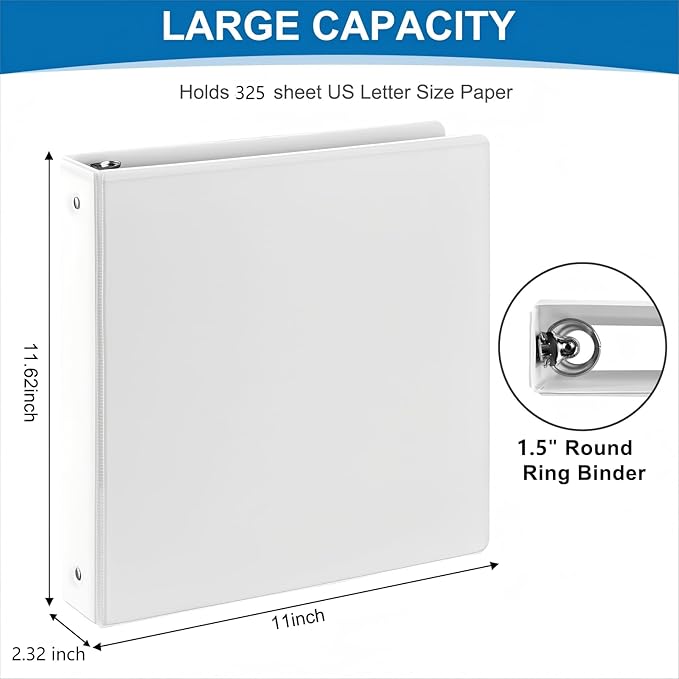 1.5 Inch 3 Ring Binder, 1-1/2“ Binder with 2 Interior Pockets, Durable White View Binders, Clear View Cover, Holds up to 325 Sheets US Letter Size, Perfect for Office/Home/School.(6 Pack)-DeskLoop Office