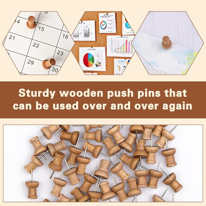 50 Pcs Wooden Push Pins, Decorative Thumb Tacks, Push Pins for Cork Board Head Pin Wood Map Tacks Marking Pin, Wood Thumb Tacks Decorative for Bulletin Boards Craft Projects with Storage Box, Coffee-DeskLoop Office