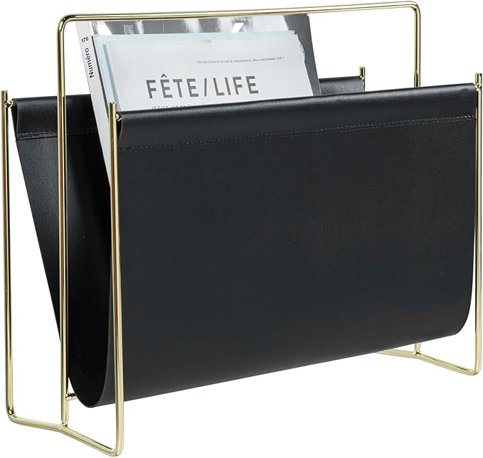 MyGift 15-Inch Modern Black Leatherette & Brass Plated Metal Magazine Holder – Floor Standing Faux Leather Sling Style Newspaper Rack for Home, Bathroom, Office Decor-DeskLoop Office