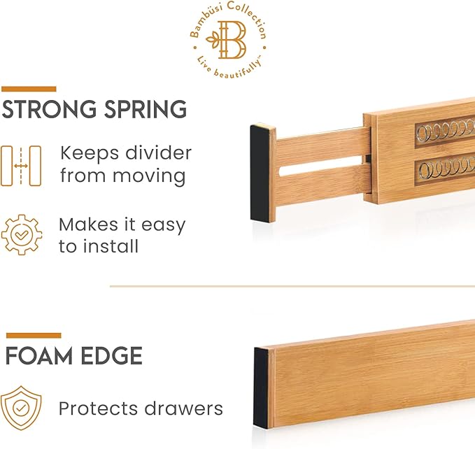 Bambüsi 4 Pack Drawer Divider - Bamboo 2.6" High, 12.5-17" Adjustable Drawer Organizers for Clothes, Expandable Dresser Separators in Bedroom/Bathroom/Kitchen/Office Organization and Storage-DeskLoop Office