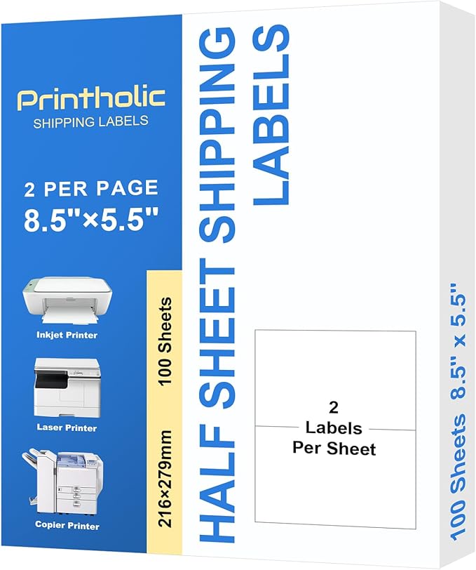 200 Half Sheet Self Adhesive Shipping Labels 8.5" x 5.5" Compatible with for Laser & Inkjet Printers - 100 Sheets, 2 Labels Per Page-DeskLoop Office