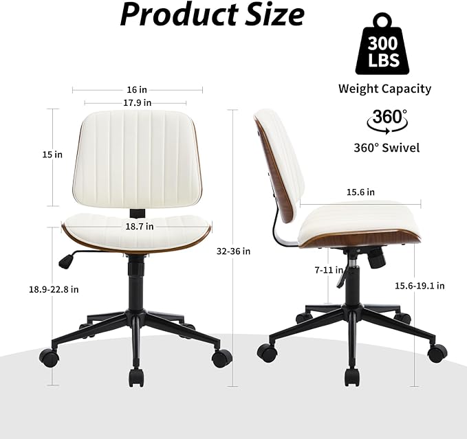 Small Home Office Chair - Armless Mid Back Desk Chair with 360° Swivel and Wheels, PU Upholstered Height Adjustable Modern Walnut Computer Chair for Home, Office Meeting Room - Black-DeskLoop Office