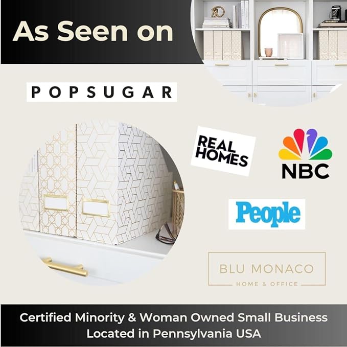 BLU MONACO Decorative Foldable Magazine Storage Boxes for Desk - Set of 4 Gold Magazine Holders with Cream Woven Design – Vintage Magazine File Organizer – Book Bins & Office Décor Storage Solution-DeskLoop Office