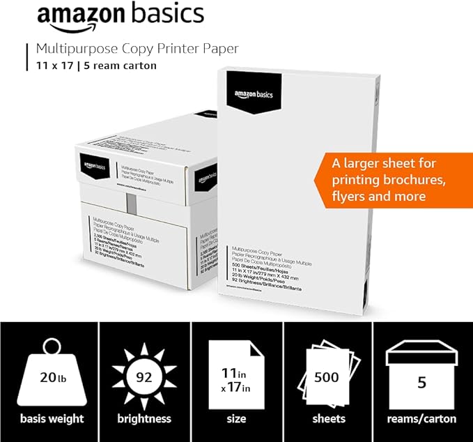 Amazon Basics Multipurpose Copy Printer Paper, 20 lb, 11 x 17 Inches, 5 Reams (2,500 Sheets), 92 Bright, White-DeskLoop Office