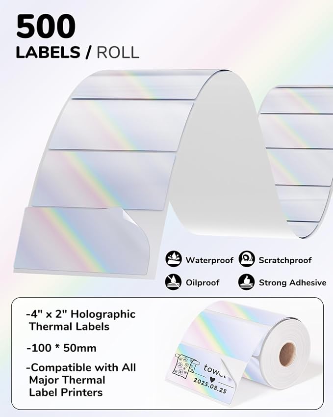 Holographic Square Thermal Labels (4 x 2 inch), Self-Adhesive Direct Thermal Sticker Label, Compatible with All Thermal Shipping Label Printers, for Name, Price Tag, DIY, Logo, 500 Labels/Roll-DeskLoop Office