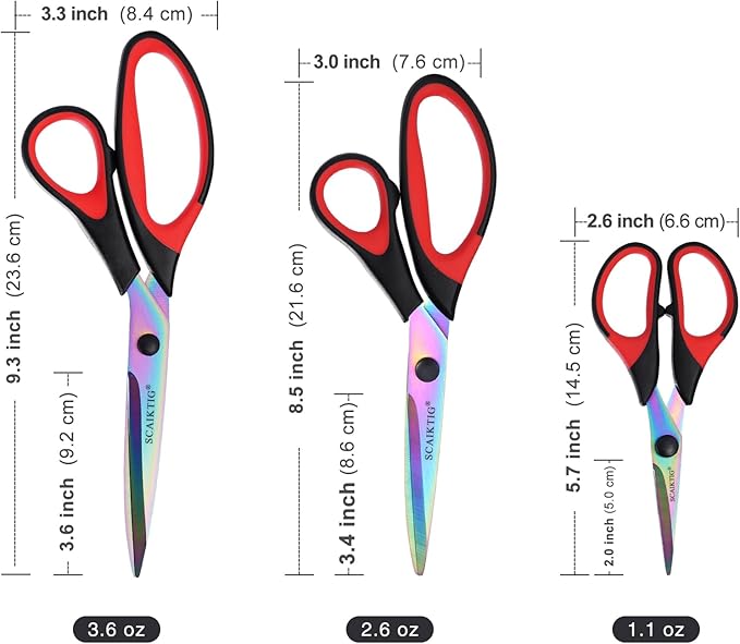 Craft Scissors Set of 3 Pack, All Purpose Sharp Titanium Blades Shears, Comfort Grip Handle, Multipurpose Fabric Scissors Tool Great for Adults, Office, Sewing, School and Home Supplies, Red&Black-DeskLoop Office