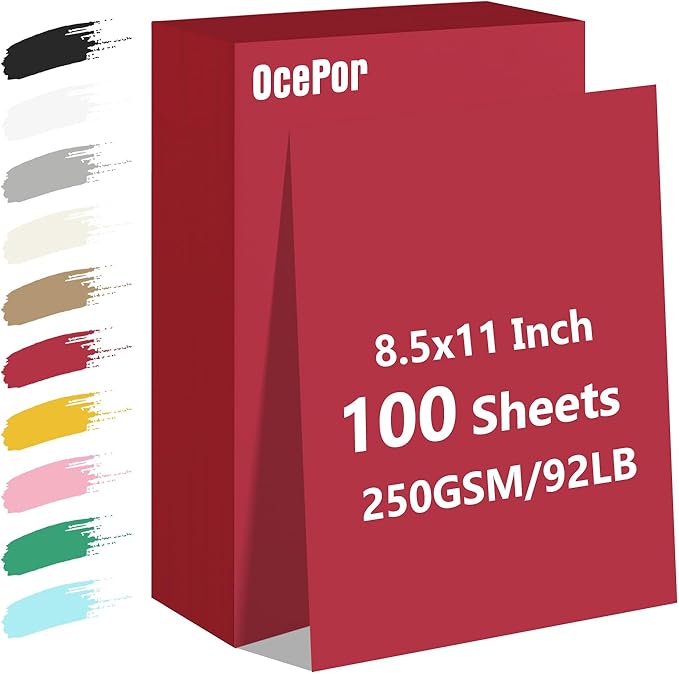 OcePor 100 Sheets Valentine's Day Red Cardstock Paper, Colored Printer Paper 8.5 x 11, Card Stock Thick Construction for Craft,Scrapbook,Office Printing, Invitations, Certificates,92 lb/250gsm-DeskLoop Office