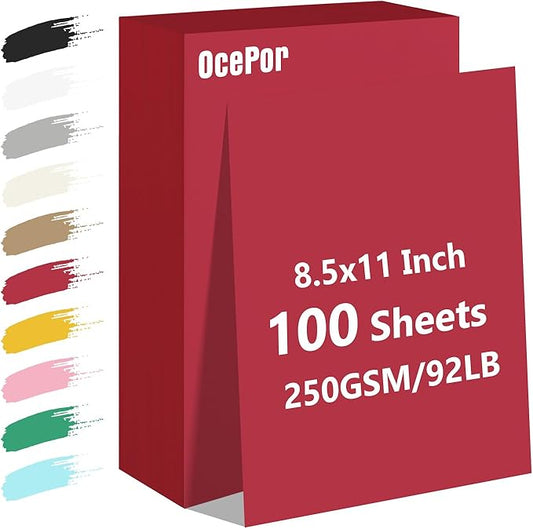 OcePor 100 Sheets Valentine's Day Red Cardstock Paper, Colored Printer Paper 8.5 x 11, Card Stock Thick Construction for Craft,Scrapbook,Office Printing, Invitations, Certificates,92 lb/250gsm-DeskLoop Office