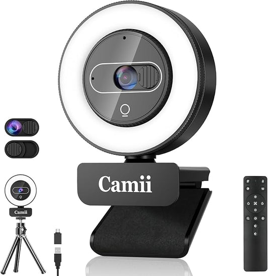 4K Webcam with Light, HD Webcam for PC with Remote Control, Built-in Privacy Cover, Adjustable Brightness, Noise Reduction Mics, for Zoom Skype Teams Laptop and Google Meet-DeskLoop Office