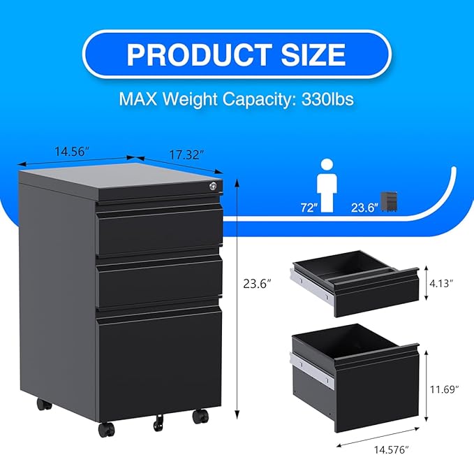 3 Drawer Steel Mobile File Cabinet with Lock for Legal/Letter/A4 Folders, 23.6''H Rolling File Cabinet for Home, Office, Fully Assembled Except Wheels, Black-DeskLoop Office