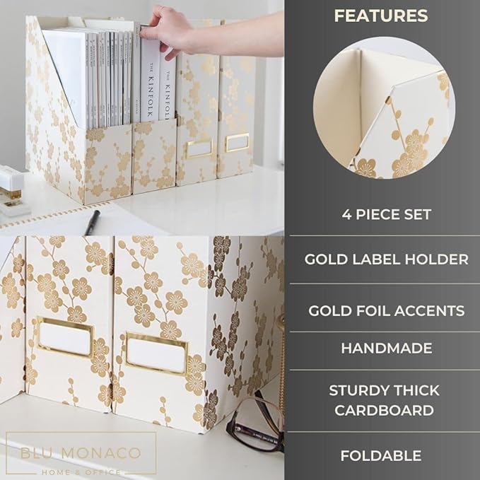 BLU MONACO Decorative Foldable Magazine Storage Boxes for Desk – Set of 4 with Gold Floral Pattern & Gold Label Holder – Ideal for Book Organization & Vertical File Storage-DeskLoop Office