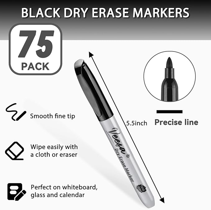 VEESA Dry Erase Markers Black, Fine Tip, 75 Count Low-Odor Whiteboard Marker Pens, Back to School Supplies, Office Series-DeskLoop Office
