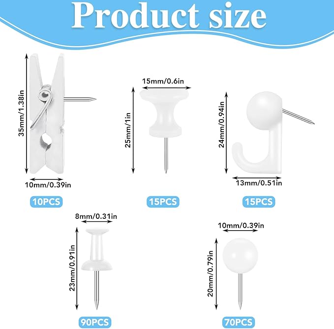 BESARME 200 Pieces Push Pins Set, 5 Types White Thumb Tacks Cute Decorative Push Pins for Wall Cork Board Bulletin Boards with Storage Box-DeskLoop Office