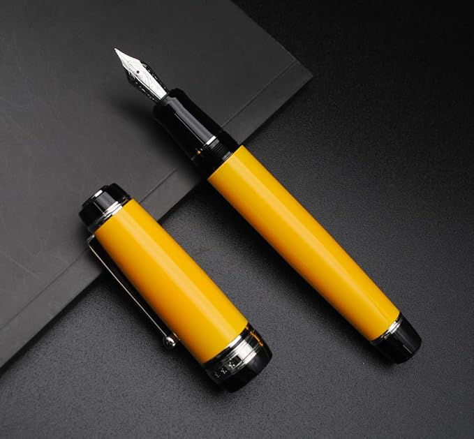 Metal Big Fountain Pen Set Medium Nib 0.7mm, Includes Ink Refill Converter, 5 Ink Cartridges & Gift Box (Medium Nib 0.7mm, Yellow with Silvery Clip)-DeskLoop Office
