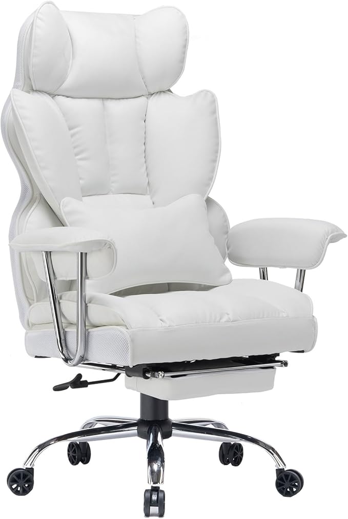Efomao Big and Tall Office Chair 400lbs – High Back PU Leather Executive Chair with Lumbar Support, Footrest, Swivel Base, Padded Armrests, and Rolling Wheels for Home Office, White Computer Chair-DeskLoop Office