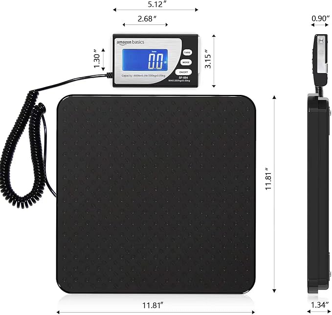 Amazon Basics Digital Postal Scale, Heavy Duty, Aluminium Platform, 440 lb Capacity, 1 Ounce Readability, Black-DeskLoop Office