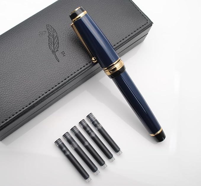 Metal Big Fountain Pen Set Medium Nib 0.7mm, Includes Ink Refill Converter, 5 Ink Cartridges & Gift Box (Medium Nib 0.7mm, Dark Blue)-DeskLoop Office