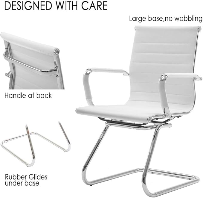 Reception Chairs Leather Conference Chairs No Wheels Back Support Heavy Duty Office Guest Chair, Set of 2 (White)-DeskLoop Office
