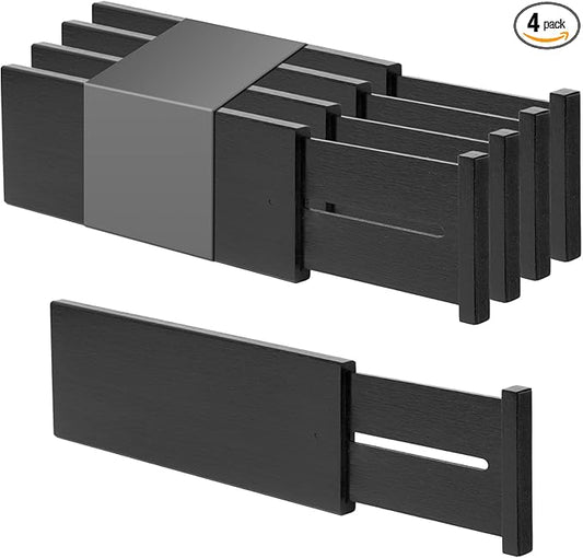 Utoplike Bamboo Dresser Drawer Dividers, 4'' High Adjustable Drawer Organizers for Clothing, Spring Loaded, Works in Kitchen, Bathroom, Bedroom, Drawer, Desk, 4 PCS, Black-DeskLoop Office