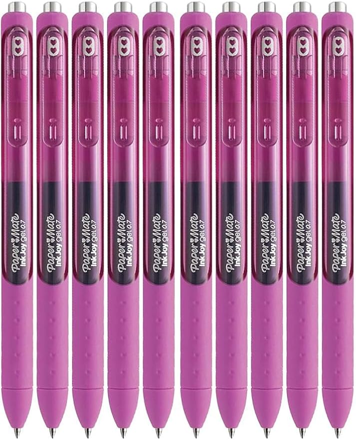Paper Mate InkJoy Gel Pens, Berry Ink, Medium Point (0.7mm), 10 Count, Bundle with Plastic Reusable Pouch-DeskLoop Office
