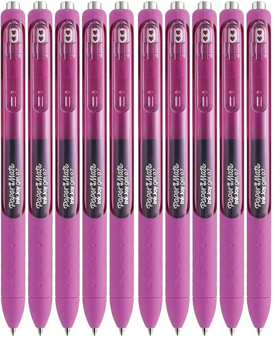 Paper Mate InkJoy Gel Pens, Berry Ink, Medium Point (0.7mm), 10 Count, Bundle with Plastic Reusable Pouch-DeskLoop Office