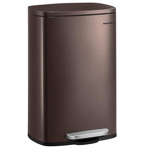 SONGMICS 13 Gallon (50 L) Trash Can, Stainless Steel Kitchen Garbage Can, Recycling or Waste Bin, Soft Close, Step-On Pedal, Removable Inner Bucket, Brown ULTB50BR-DeskLoop Office