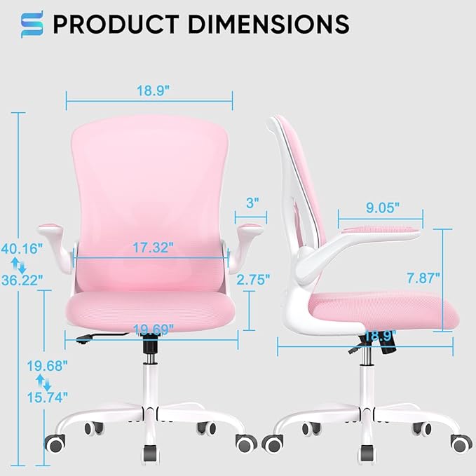 Sytas Ergonomic Desk Chair with Padded Flip up Arms and Supportive Lumbar Support, Breathable Mesh Home Office Chair with Comfortable Cushion for Home or Office(Pink)-DeskLoop Office