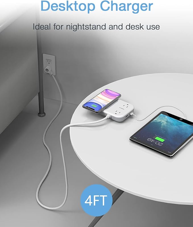 Wireless Charger Small Power Strip 2 USB A Ports, TESSAN Mini Flat Plug Nightstand Desktop Charging Station with 2 Outlet 4 ft Extension Cord, Compatible with iPhone and Samsung for Dorm Room Cruise