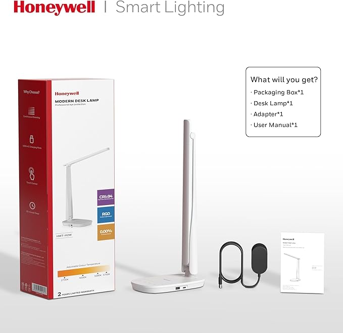HONEYWELL LED Desk Lamp - HWT-H2 Sunturalux™ Eye-Caring Foldable Desk Light with USB A+C Dual Charging Port 4 Color Modes Dimmable Table Lamp for Home Office Bedroom Reading Study Work - White-DeskLoop Office