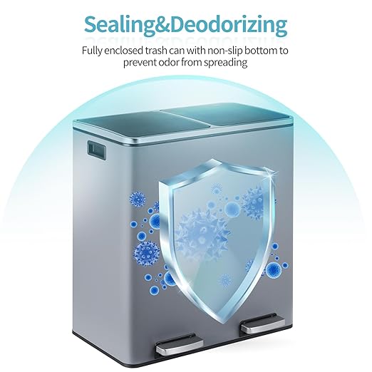 16 Gallon Rectangular Stainless Steel Trash Can, Dual Compartment Garbage Bin with Recycling Combo, Metal Dustbin Lid, Removable Liner, Indoor Hands Free Waste Bucket for Kitchen Home-DeskLoop Office