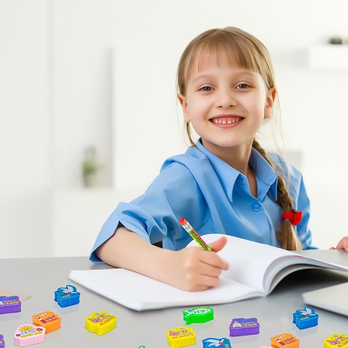 Cinrobiye 60 PCS Bible Verses Pencil Erasers Bulk Inspirational Scripture Eraser Christian Religious Favor Goody Bag Filler Gifts for Students Classroom Office Teacher Prizes Reward School Supplies-DeskLoop Office