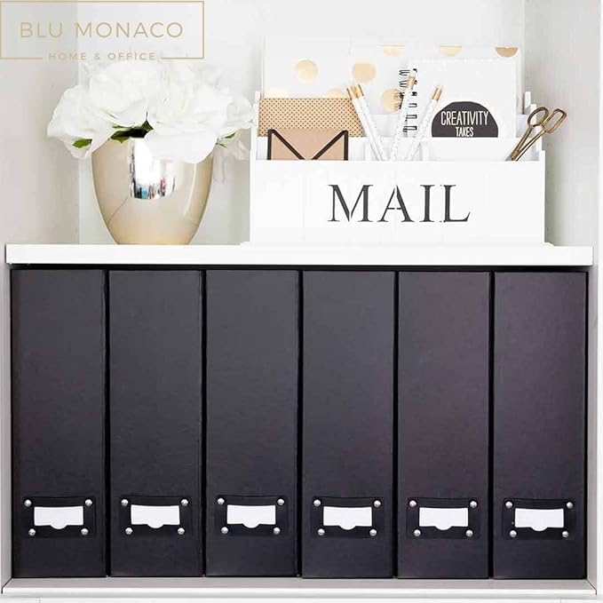 Blu Monaco Foldable Black Magazine File Holder with Leather Label Holder - Set of 6 Cardboard Magazine File Boxes Desk File Organizer-DeskLoop Office